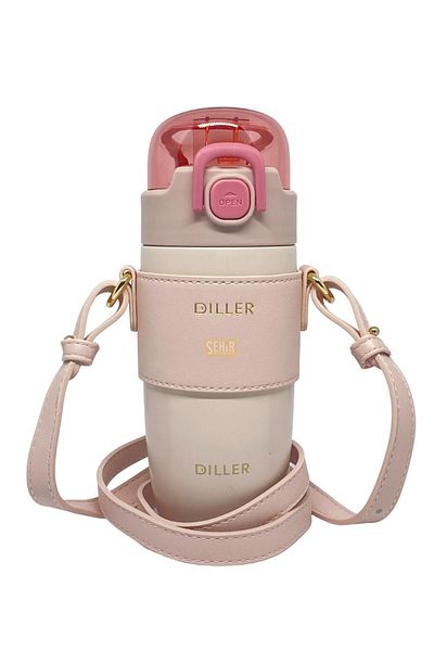 DILLER 360ml Fashion Pastel Colored Thermos Flask with Leather Cover and Strap - Stainless Steel