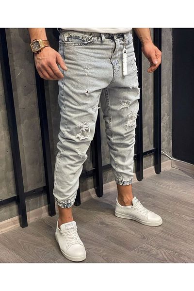 Oliggopol Ανδρικό τζιν παντελόνι Boyfriend Jogger σε ανοιχτό γκρι με ελαστικά πόδια χωρίς λύκρα