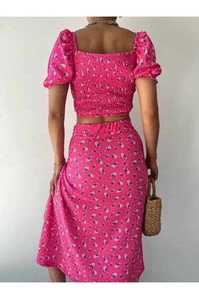 Fav Style Rózsaszín női szett - nyakkendős részletes blúz és hasított szoknya