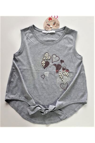 Nanica Kids Kız Çocuk Gri Renk Kalp Taşlı Ve Incili Bel Bağlamalı Şık Body Bl...