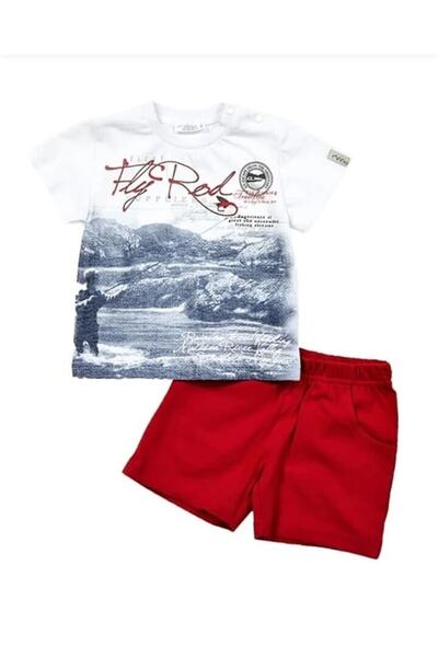 Zeyland Erkek Bebek % 100 Pamuk Cotton Beyaz Renk T-shirt Kırmızı Renk Şort A...