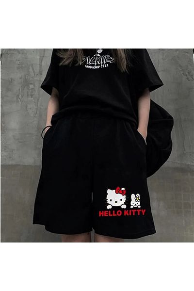 MODARİCH Hello Kitty Shorts - Black, Printed, High Waist, Knitted, Pocket, Women