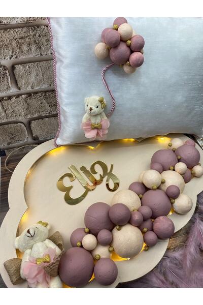 Çemrek Süs Parti Işıklı Ahşap Bulut Bebek Kapı Süsü Ve Yastık Takımı