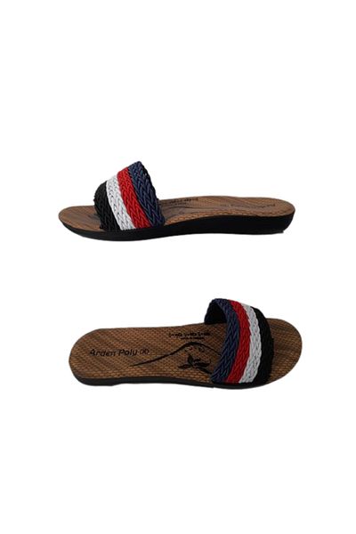 Arden Poly Women's Navy Blue-Red Thin Sole Straw Detailed Comfortable Light and Stylish Slippers