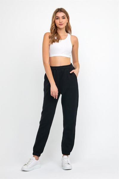 ESPİNA Pantaloni de sport tricotat cu trei fire pentru femei, jogger negru, cu talie și picioare elastice