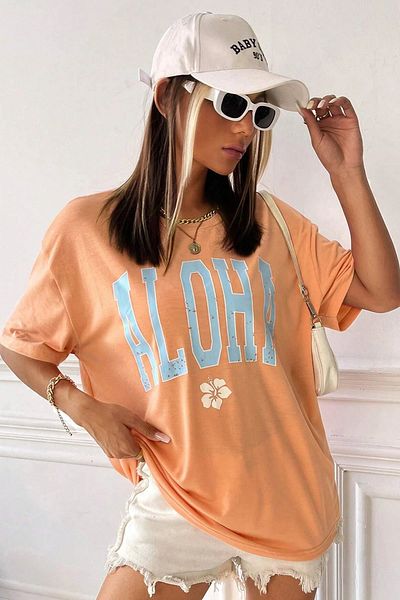 MODAGEN Γυναικείο μπλουζάκι με στάμπα Papaya Aloha Oversize