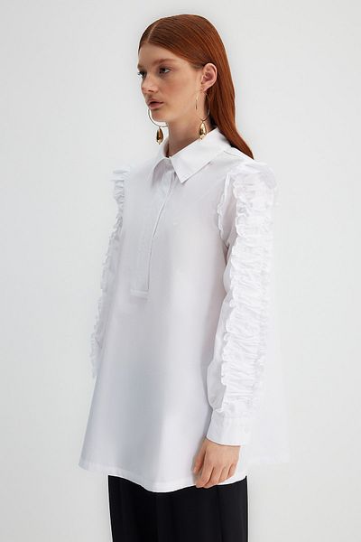 Trendyol Modest X Kevser Sarıoglu Біла 100 бавовняна туніка з попліну з оборками на плечах і рукавах TCLSS23UK00004