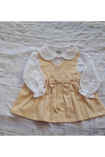 Mavera Sarı Kurdaleli Yakalı Bilekleri Lastikli Bebek Elbise