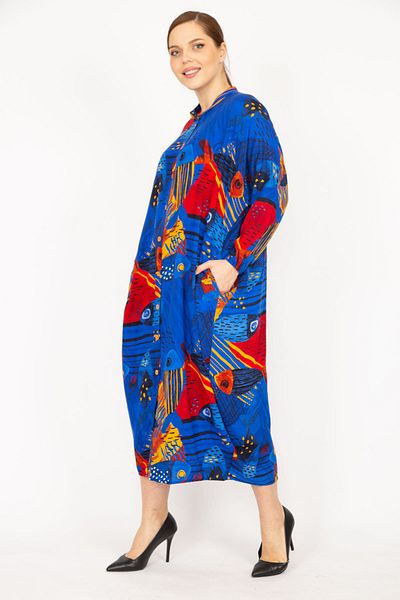 Şans Women's Saks Plus Size Woven Viscose Fabric Front Length Buttoned Dress 65n35965
