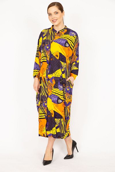 Şans Women's Purple Plus Size Woven Viscose Fabric Front Length Buttoned Dress 65n35965