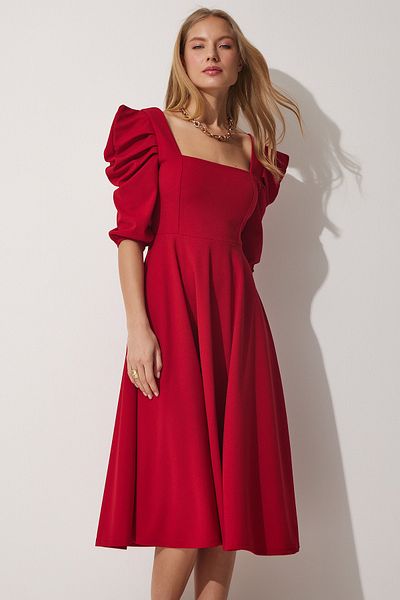 Happiness İstanbul Rotes Sommer-Langkleid mit quadratischem Kragen für Damen DK00147