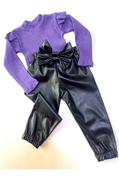 özge başaran Child, Black Leather Bow Detailed Trousers, Purple Shoulder Ruffle Badi and Headband Set.
