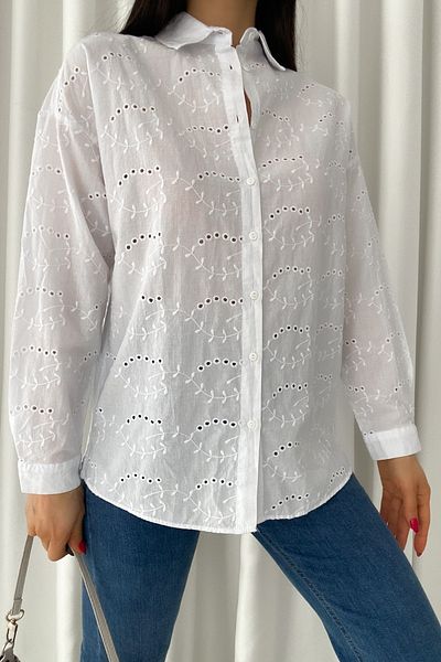 FEMELLE Women's White Scallop Embroidered 100% Cotton Shirt