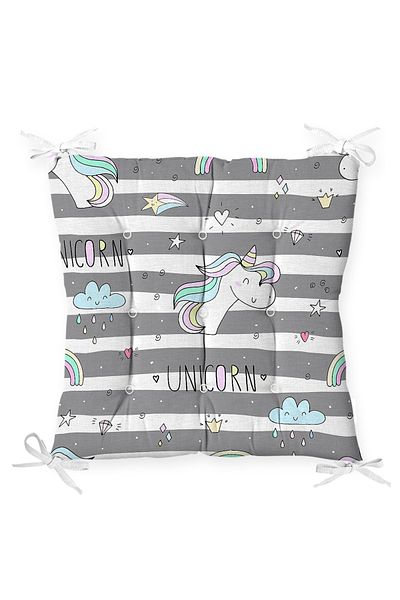 Realhomes Unicorn Patterned Gray White Striped Children's Chair and Cushion Set