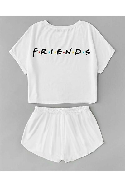 PEMBİŞ HOMEWEAR Kadın Beyaz Kısa Kollu Friends Baskılı Penye Şort Takımı