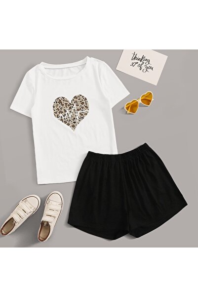 PEMBİŞ HOMEWEAR Women's Black White Leopard Heart Printed Short Sleeve Combed...