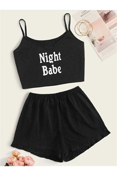 PEMBİŞ HOMEWEAR Women's Black Strappy Night Babe Printed Shorts Set