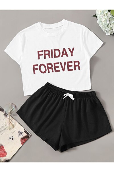 PEMBİŞ HOMEWEAR Women's Black and White Short Sleeve Combed Cotton Shorts Set