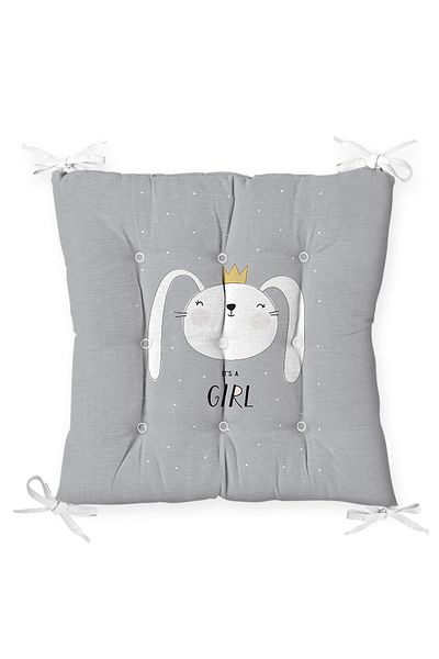 Realhomes Baby Room Fluffy Chair Cushion with Its Girl Rabbit Motif on Gray Floor