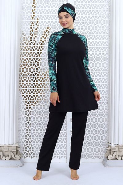 Aykum Mayo Long Sleeve Hijab Patterned Swimsuit (with Trousers)