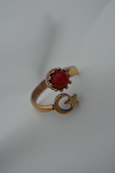Stoneage Ring Adjustable Moon Star Coral Stone Turkish