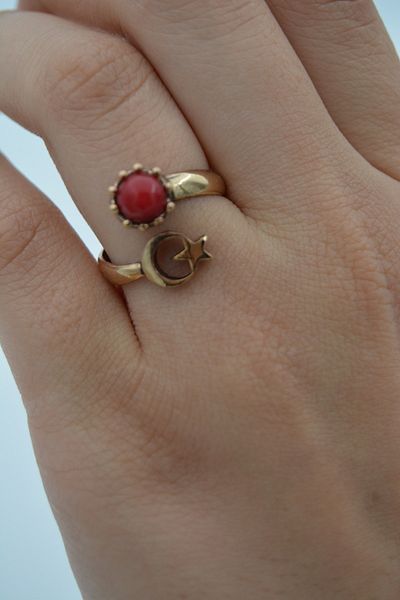 Stoneage Ring Adjustable Moon Star Coral Stone Turkish