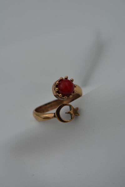Stoneage Ring Adjustable Moon Star Coral Stone Turkish
