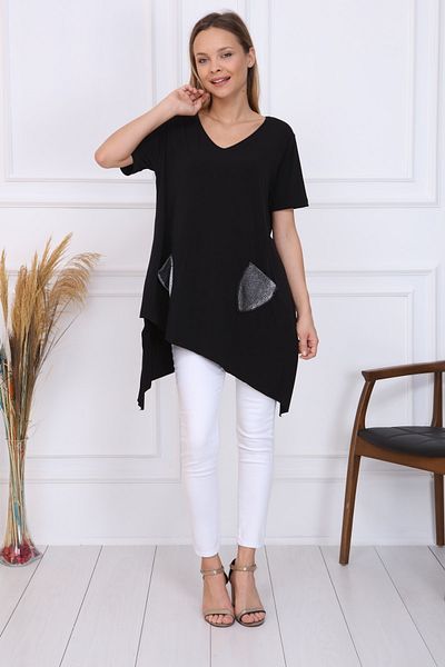 Gül Moda Γυναικείο μαύρο γκλίτερ με 2 τσέπες ασύμμετρο πλεκτό τουνίκ μισό μανίκι G028-s2s