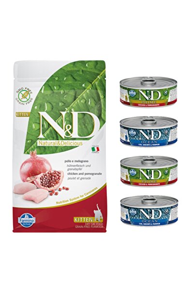 N&D Kitten Yavru Tavuklu Narlı Kedi Maması 3 Kg + Kitten Konserve 4'lü Set (original)