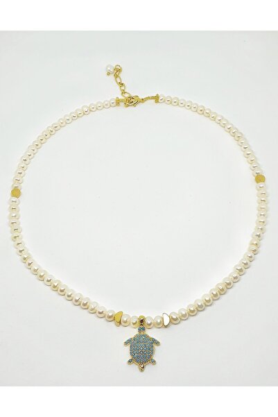 LOVI Helen Kadın Mavi Zirkon Taşlı Kaplumbağa Tasarım Uçlu Gerçek Arpa Inci Doğaltaş Kolye 45cm