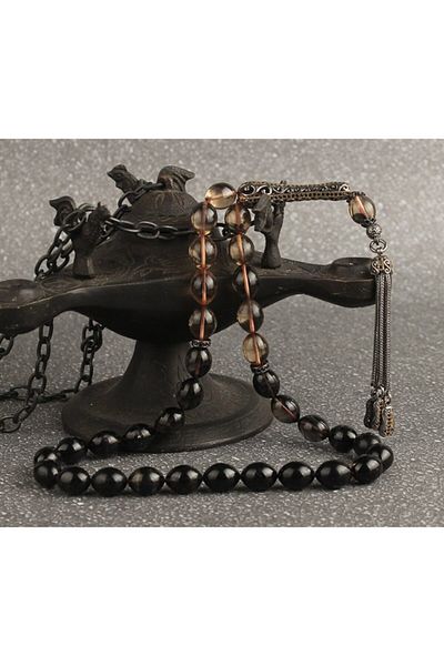 Tesbihsepetim Silver Zircon Stone Tasseled Amber Prayer Beads
