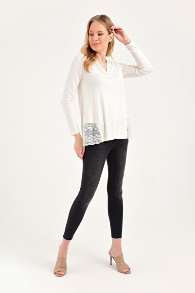 Hanna's by Hanna Darsa Kadın Beyaz V Yakalı Dantelli Bluz