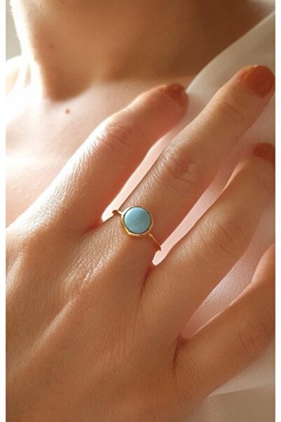 LOVI Helen Cam Turkuaz Renk Pirinç Ve Altın Kaplama Elyapımı Kadın Yüzük