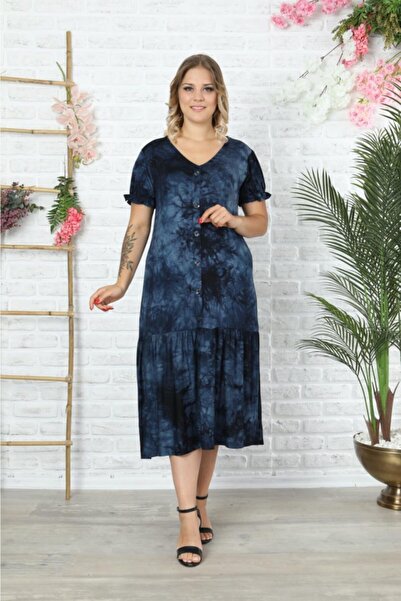 HÜLYA BUTİK Lacivert V Yaka Karpuzkol Batik Elbise