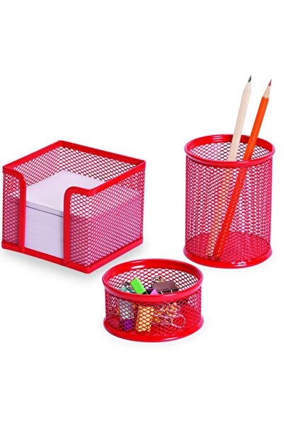 Gıpta Metal Masa Seti 3 Parça Masa Seti (kalemlik + Notluk + Ataşlık) Kırmızı F0032