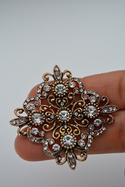 Stoneage Broş Zirkon Taşlı Bronz Zincir Hediyeli