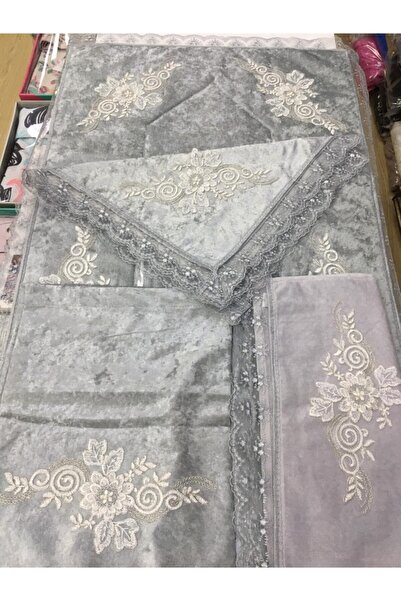 Aksuhome Gri Lüx Kadife Fransız Güpürlü 4 Parça Seccade Takımı-Çeyizlik Bohça...