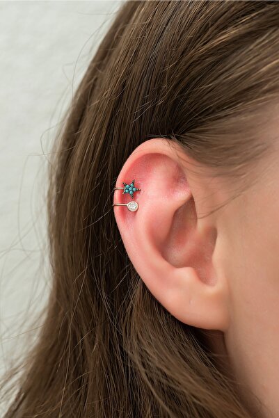 Papatya Silver 925 Ayar Taşlı Gümüş Kıkırdak Yıldız Küpe Rose Altın