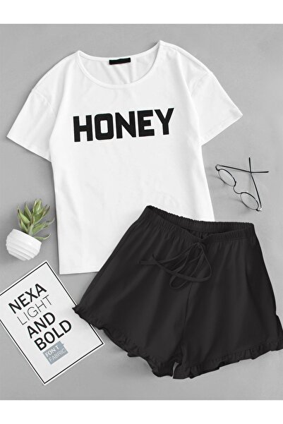PEMBİŞ HOMEWEAR Kadın Kısa Kollu Siyah Beyaz Honey Baskılı Penye Şort Takımı