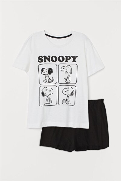 PEMBİŞ HOMEWEAR Women's Black and White Short Sleeve Snoopy Printed Combed Co...