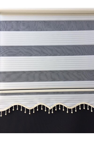 Brillant Boncuklu Krem Rengi Pliseli Zebra Stor Perde