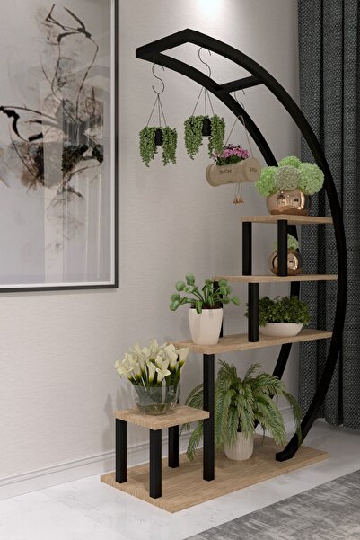 CEVİZ MOBİLYA Dekoratif Saksılık Çiçeklik Kitaplık - Metal Ahşap Moon