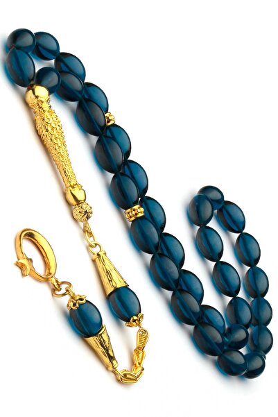 OTTOTESBİH 18 Ayar Altın Kaplama 925 Ayar Gümüş Aksesuarlı Ayyıldızlı Mavi Ateş Kehribar Tesbih