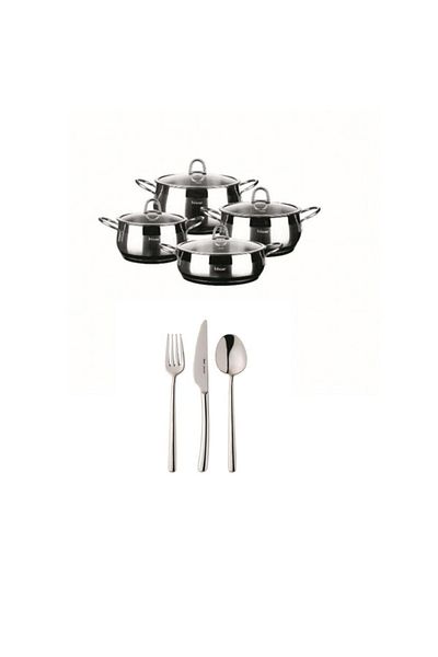 Hisar Ideal Set Mercury Ideal Pot Set+Bahama 84 Piece Fork Spoon Knife Set