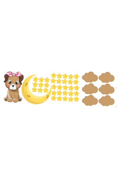 Tilki Dünyası Sweet Puppy Brown Clouds And Yellow Stars Kids Room Wall Sticker Set