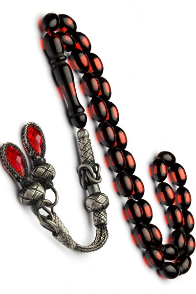 OTTOTESBİH Erkek 1000 Ayar Gümüş Kazaz Kamçılı 7x11mm Kırmızı Sürmeli Toz Kehribar Tesbih