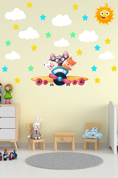 Tilki Dünyası Cute Animals Flying Airplanes, White Clouds, Sun And Colorful Stars Decorative Sticker