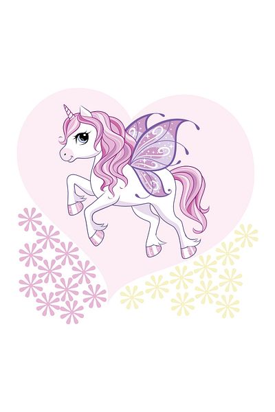 Tilki Dünyası Children's Room Cute Unicorn and Flowers in Heart Decorative Sticker