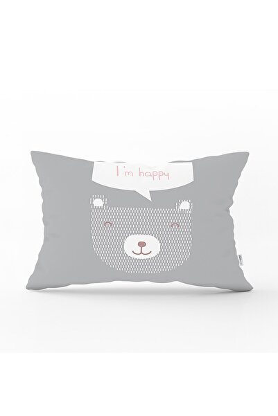 Realhomes غطاء وسادة مستطيل لغرفة الأطفال بتصميم دمية دب سعيدة على أرضية وردية