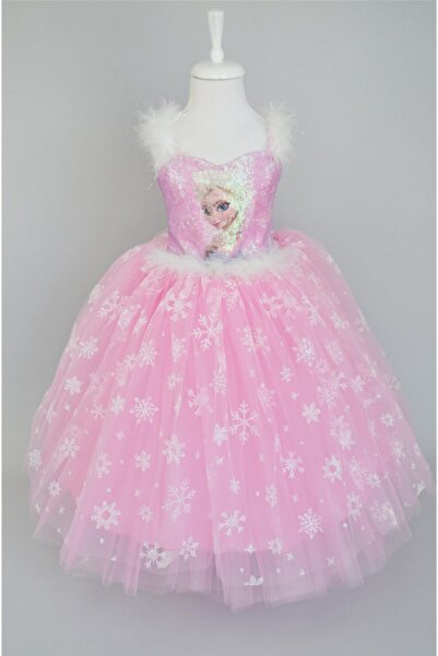 Aslı Türkoğlu Kız Çocuk Pembe Elsa Baskılı Abiye
